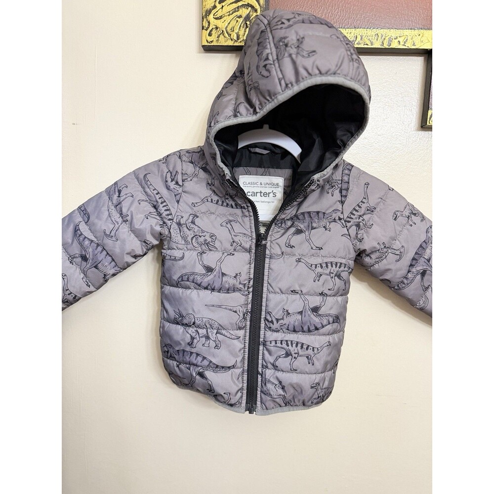 Carter's Boys 2T Gray Dinosaur Hooded Puffer Jacket Zip Front Long Sleeve